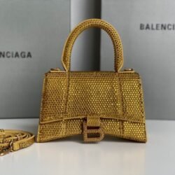 Balenciaga Crocodile Embossed Hourglass Cow Leather Handbag, Crossbody Bag Gold