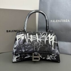Balenciaga Crocodile Embossed Hourglass Cow Leather Handbag, Crossbody Bag Graffiti