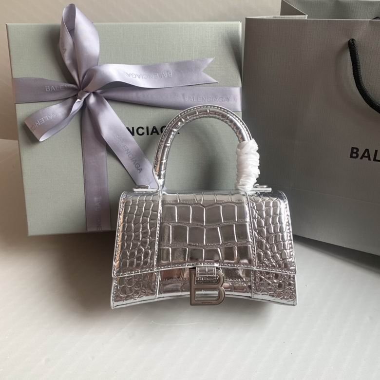 Balenciaga Crocodile Embossed Hourglass Top Handle handbag Silver